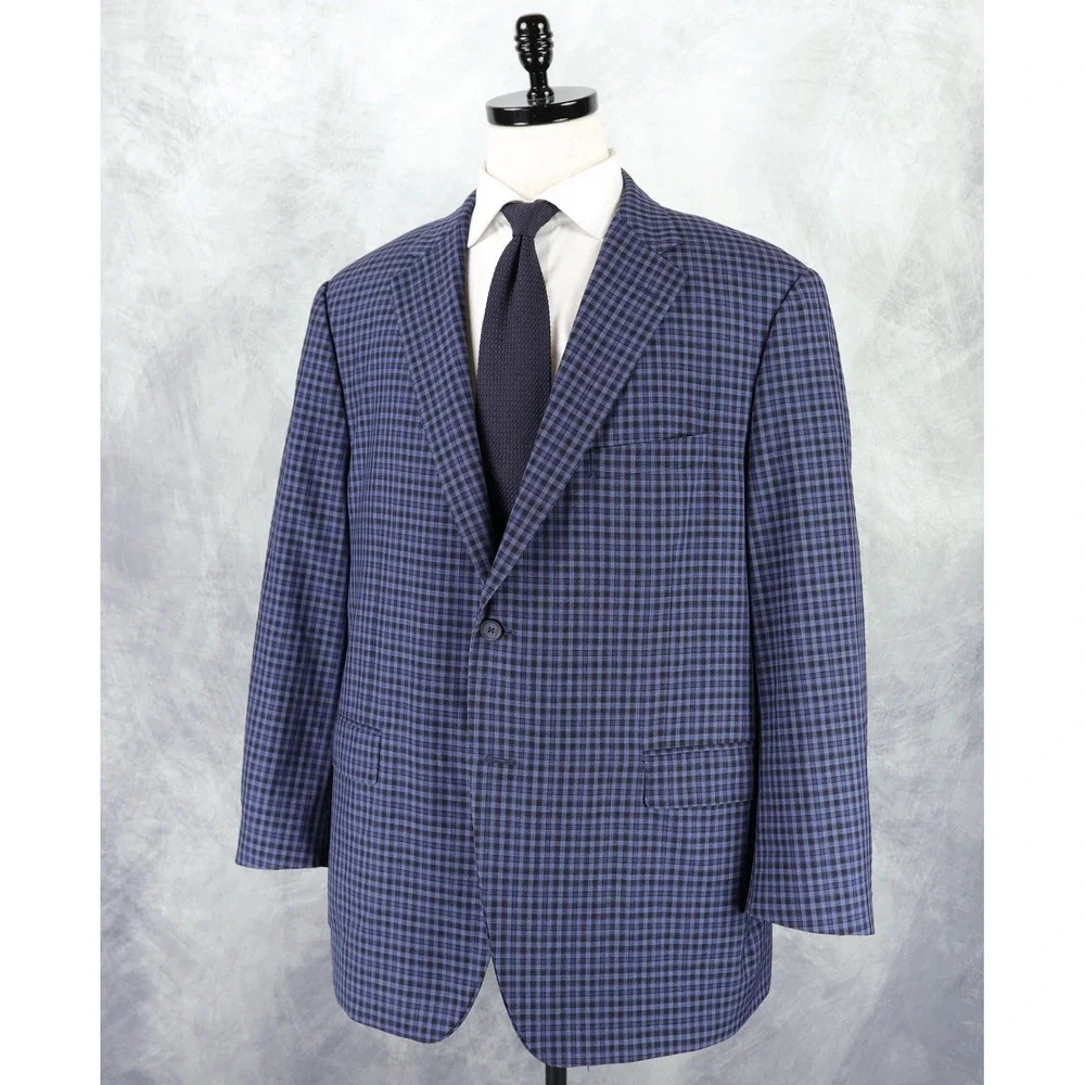 Samuelsohn Sport Coat Mens 48R Super 120s Wool Gingham Plaid Blue Blazer Jacket